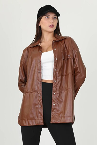 Neşeli Butik Cămașă de piele largi, cu buzunar, pentru femei, de culoare bron...