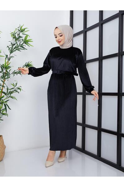 Genel Markalar Kadife Kumaş Piliseli Tesettür Elbise