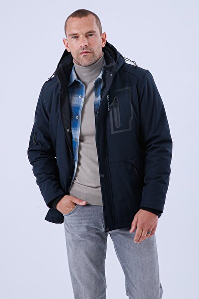 Gavazzi Erkek Kapüşonlu Su Ve Rüzgar Geçirmez Kapitone Içi Kürklü Elyafdolgulu Şişme Lacivert Softshell Mont