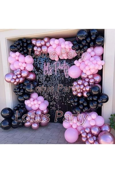 LOTUS PARTY 100 Pieces - Special Day Themed Balloon Chain Set ( Black - Pink - Chrome Pink Balloon )