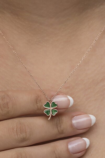 Nereze 925 Ayar Gümüş Koyu Yeşil Mineli Yonca Kolye