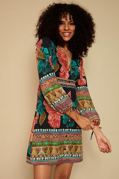 Select Moda Women's Colorful Colorful V-Neck Balloon Sleeve Dress