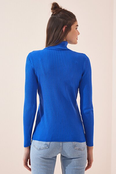 Happiness İstanbul Pulover de damă, albastru viu, cu talie înaltă, cu nervuri din Lycra DD01007