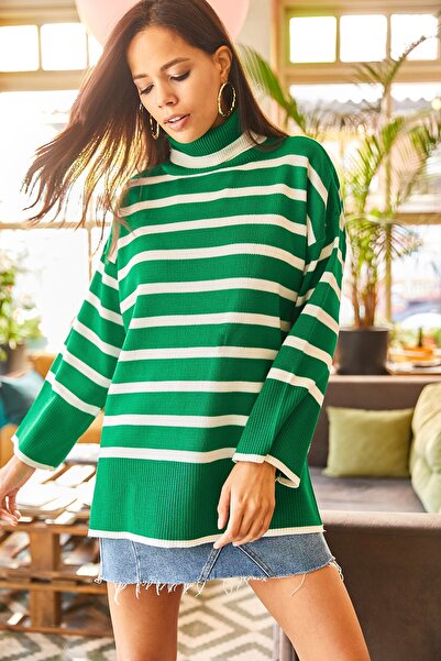 Olalook Pulover de damă, verde smarald, cu gât în dungi, tricotaj supradimensionat KZK-19000493