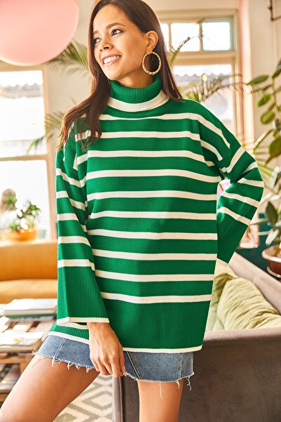 Olalook Pulover de damă, verde smarald, cu gât în dungi, tricotaj supradimensionat KZK-19000493