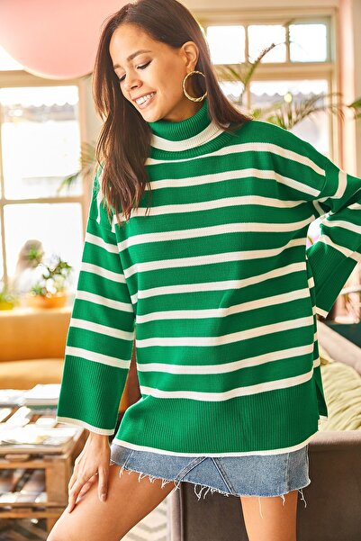 Olalook Pulover de damă, verde smarald, cu gât în dungi, tricotaj supradimensionat KZK-19000493