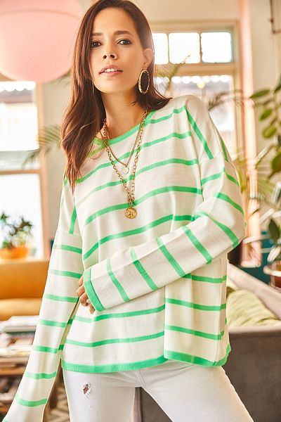Olalook Women's Pistachio Green Striped Bat Oversize Knitwear Blouse BLZ-19002048