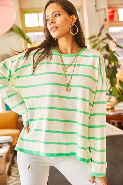 Olalook Women's Pistachio Green Striped Bat Oversize Knitwear Blouse BLZ-19002048