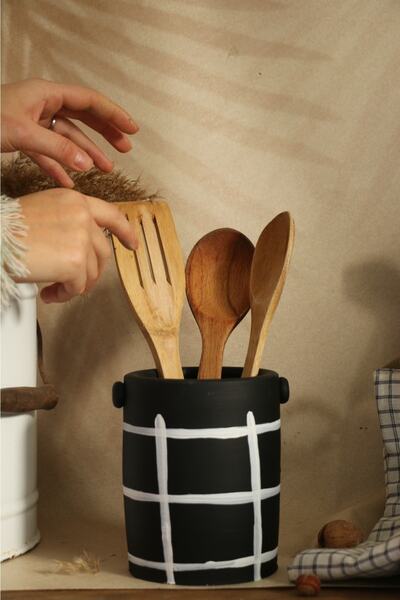 Hoyatap El Yapımı Çizgili Desenli Dekoratif Kulplu Seramik Vazo / Dekoratif Kaşıklık