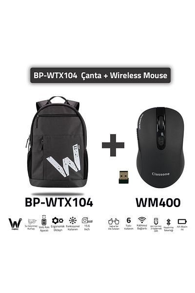 Classone Bp-wtx104-wm400 Wtxpro قماش مقاوم للماء، كمبيوتر محمول مقاس 15.6 بوصة، حقيبة ظهر للكمبيوتر المحمول - رمادي + ماوس