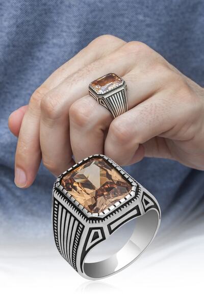 ALYANSEVİM Sitrin Taşlı Yeni Tasarım 925 Gümüş Erkek Yüzük