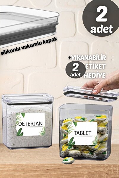 Comprox Çok Kullanışlı Dekoratif Dikdörtgen 2,2 Lt Vakum Kapaklı 2'li Set Tablet, Deterjan Saklama Kutusu
