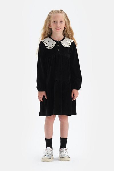 Dagi Black Collar Long Sleeve Velvet Dress with Bordeaux Detail