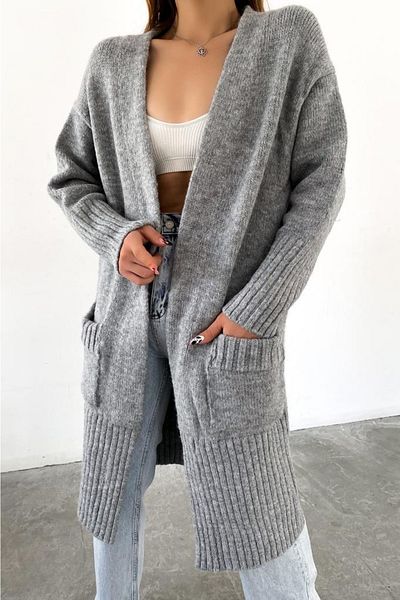 FEMELLE Women's Gray Color Long Double Pocket Standard Size Knitwear Cardigan