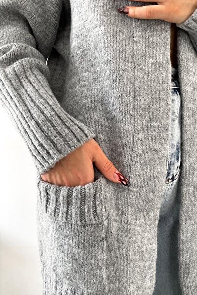 FEMELLE Women's Gray Color Long Double Pocket Standard Size Knitwear Cardigan