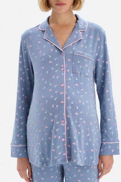 Dagi Modrý košilový límec pyžamový top s květinovým vzorem