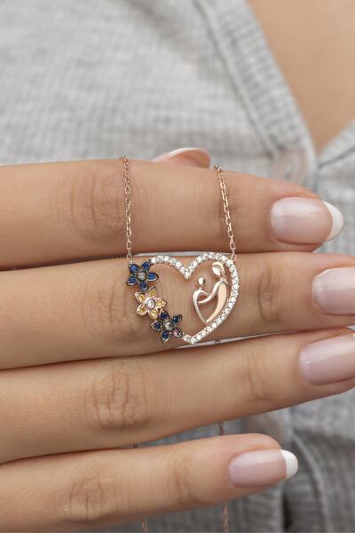 Nereze 925 Ayar Gümüş Çiçek Detaylı Anne Bebek Kolye