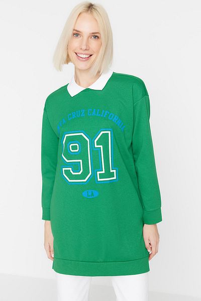 Trendyol Modest Green Polo Neck Printed Soft Lined Knitted Sweatshirt TCTAW23TW00186