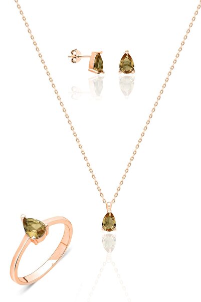 Aykat Rose Zultanit Taşlı Gümüş Yüzük Küpe Kolye Küçük Boy Takım Set-417