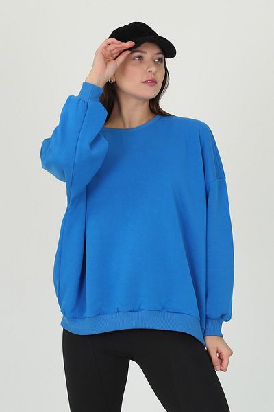Neşeli Butik Hanorac albastru supradimensionat pentru femei, cu gât crew, cu panglică Fvr001