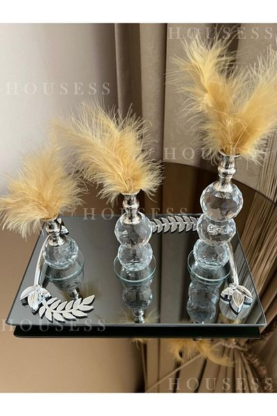 Housess Smoked Tray with Leaf Detail and 3-Piece Silver Feather Figurine Ornament