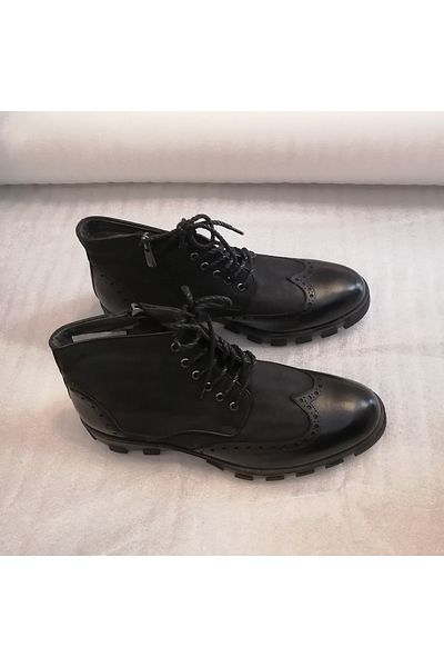 Giuseppe Mengoni Men's Genuine Leather Black Nubuck Combination Zippered Laced Thick Heavy Rubber Sole Boots