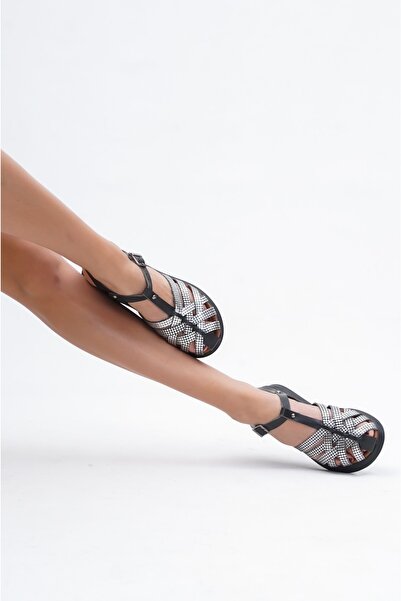 Deripabuc Hakiki Deri Siyah X3 Kadın Deri Sandalet Dp-2097