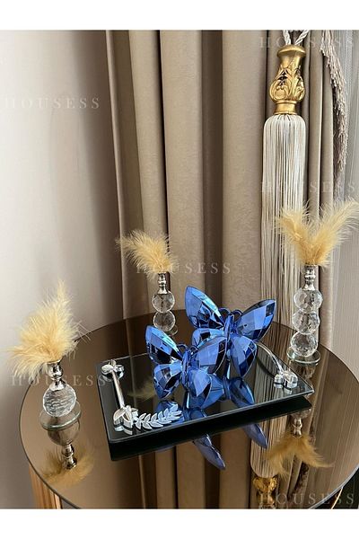 Housess Smoked Tray with Leaf Detail, 3-Piece Silver Feather Holder and 2-Piece Blue Butterfly Figurine Ornament