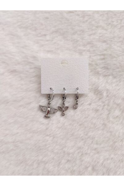 Evorya Kadın Gümüş Renk Çelik Kuş Figürlü Zirkon Taşlı Sallantılı Üçlü Set Küpe