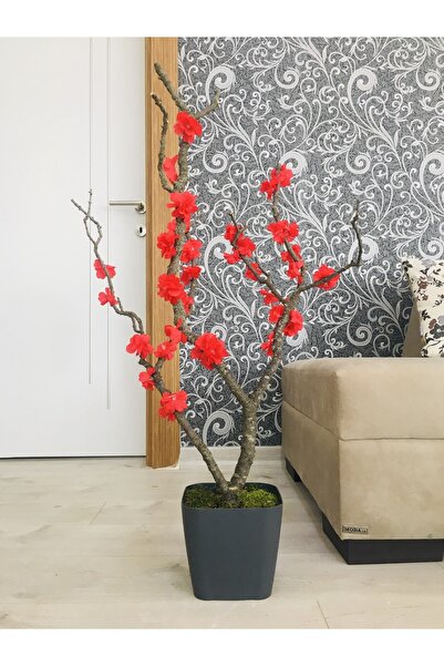 Asenya Yapay Çiçek 1 Adet 40-80 Cm Kırmızı Bahar Dalı Yapay Bitki Ağaç Bonsai...