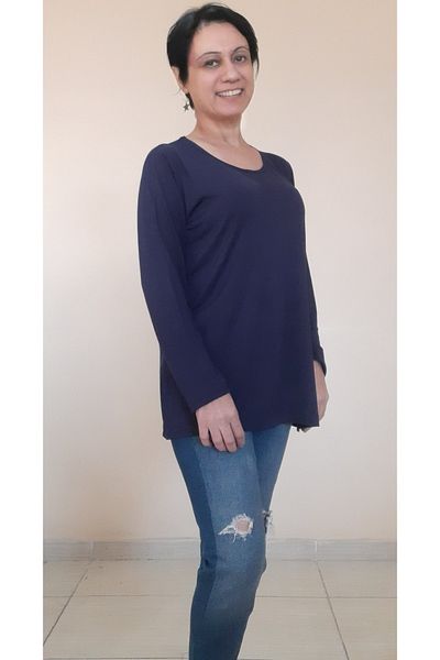Mertcan Butik Navy Blue Round Neck Long Sleeve Combed Cotton Viscose T-Shirt