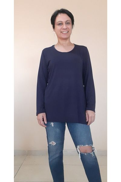 Mertcan Butik Navy Blue Round Neck Long Sleeve Combed Cotton Viscose T-Shirt