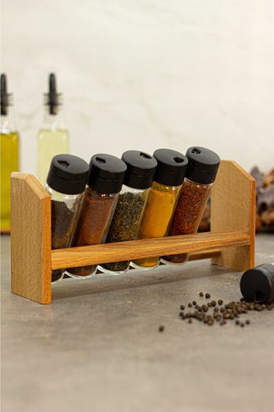 KukiWood طقم توابل تويستر مكون من 6 قطع، طقم توابل مع حامل خشبي