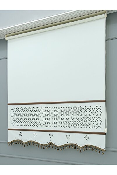 ESDEH Lazer Stor Perde - Kahve Lama Ve Boncuk Detaylı - Panama Mat Stor