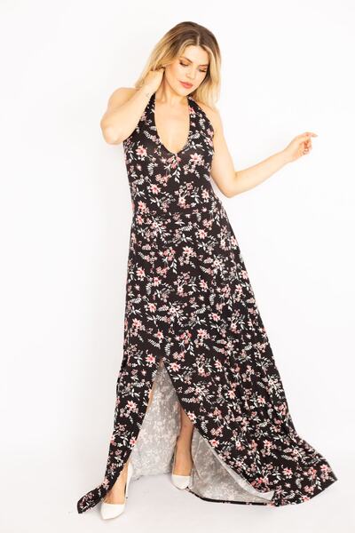Şans Women's Large Size Black Halter Neck Long Dress with Low Back and Front Slit 65n35035