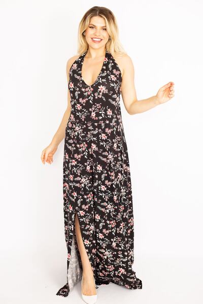 Şans Women's Large Size Black Halter Neck Long Dress with Low Back and Front Slit 65n35035