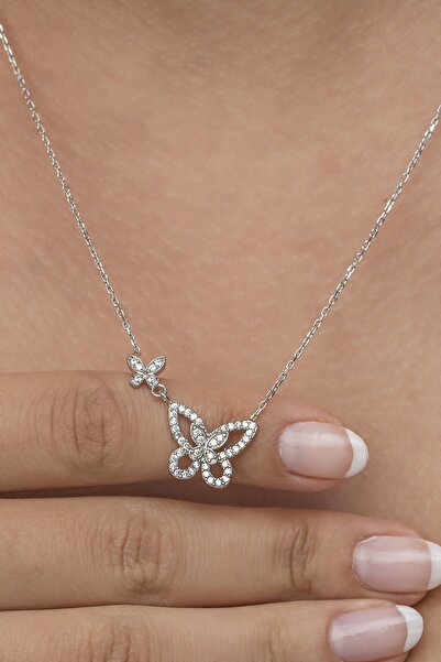 Nereze 925 Ayar Gümüş Rodyumlu Çift Uçuşan Kelebek Kolye