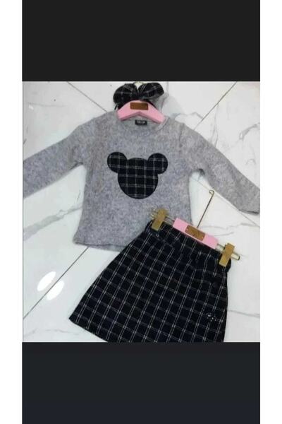Karınca Girl's Winter Gray-Black Color Plaid Patterned Skirt and Crown Triple...