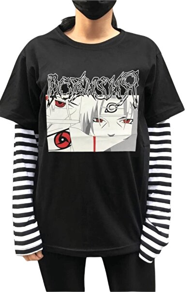 Touz Anime Itachi Uchiha Graffiti Logo Striped Sleeve Unisex T-shirt