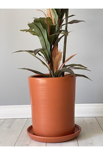 odka 10litre Silindir Saksı Tabaklı Yükseklik:25cm Çap:20cm Kiremit Renk