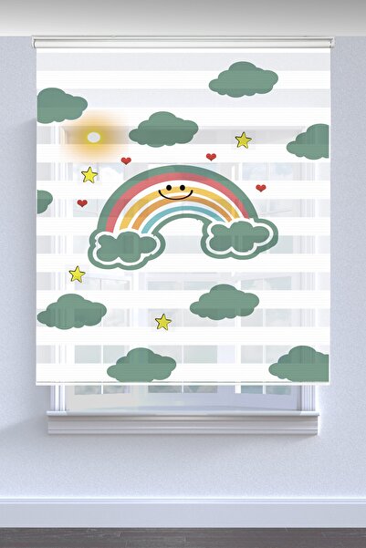 Kanteks Exclusive Bulutlar Ve Gökkuşağı Baskılı Çocuk Odası Zebra Perde