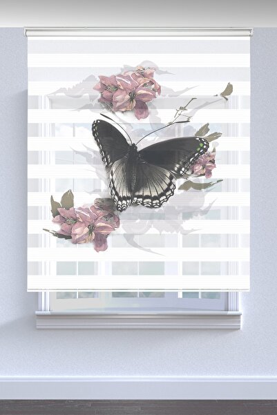 Kanteks Exclusive Güllü Kelebek Baskılı Mutfak Çocuk Odası Zebra Perde