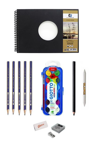 GLANCE Alex Schoeller Water Color Notebook A5 300 Gr 20 Sheets Charcoal Drawing Set Pencil Sharpener, Sketch Set