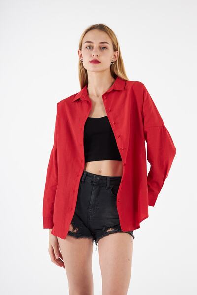 candybia Kadın Kırmızı Oversize Uzun Basic Gömlek