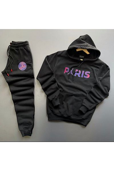 NewCabin New Season Unisex Paris Printed Black Cotton Hoodie - Μαύρο βαμβακερό φούτερ σετ 2 τεμαχίων