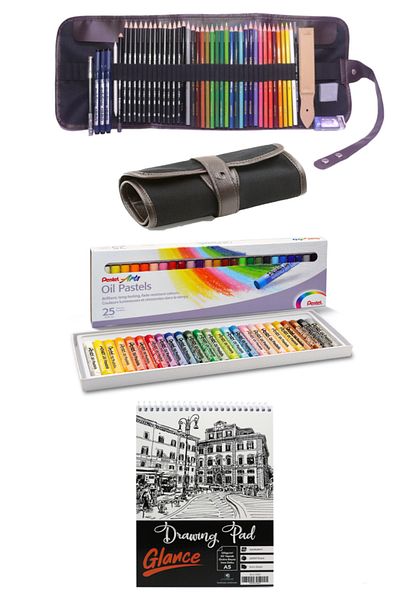 GLANCE Cretacolor Graduated Pencil with A5 Sketchbook Studioline Derwent Watercolour Pentel 25-Piece Roll Bag