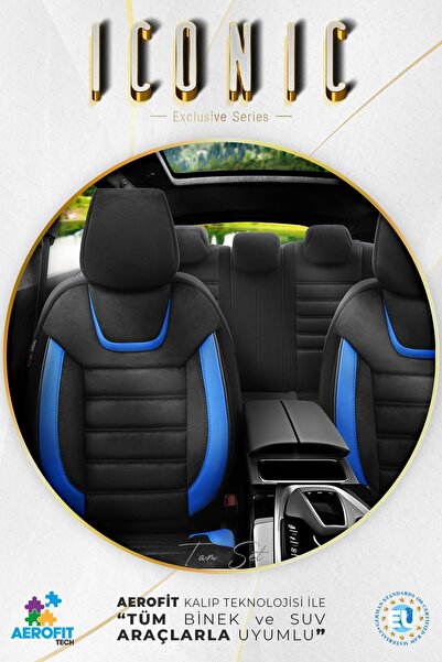 Otom Oto Koltuk Kılıfı Tam Set Gerçek Süet Ortopedik Siyah Mavi - Iconic