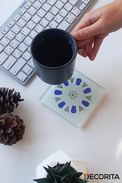 Decorita Glass Coaster| Acem Coffee Shop - Round Pattern - Blue| Set of 4| 10cm X 10cm