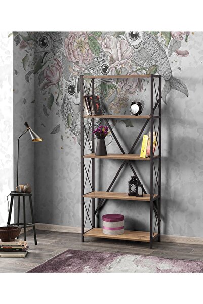 MUTLUALIŞVERİŞMERKEZİ Modern Tarz Ahşap Metal 5 Raflı Kitaplık 80x30x180