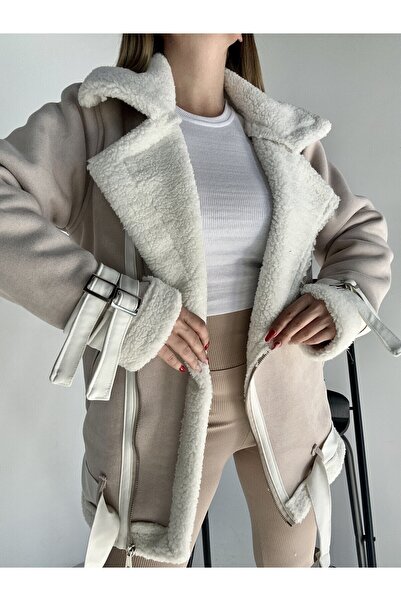 hillswomanstore Kadın Içi Kürklü Kemer Detaylı Süet Kaban Krem